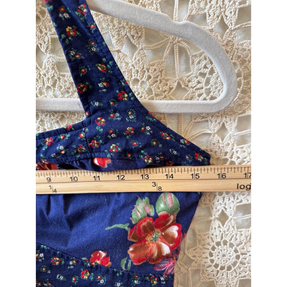 Vintage 70's Blue Floral Halter Midi Dress Blue Red Tiered Prairie Boho Sz 10 - Picture 7 of 8